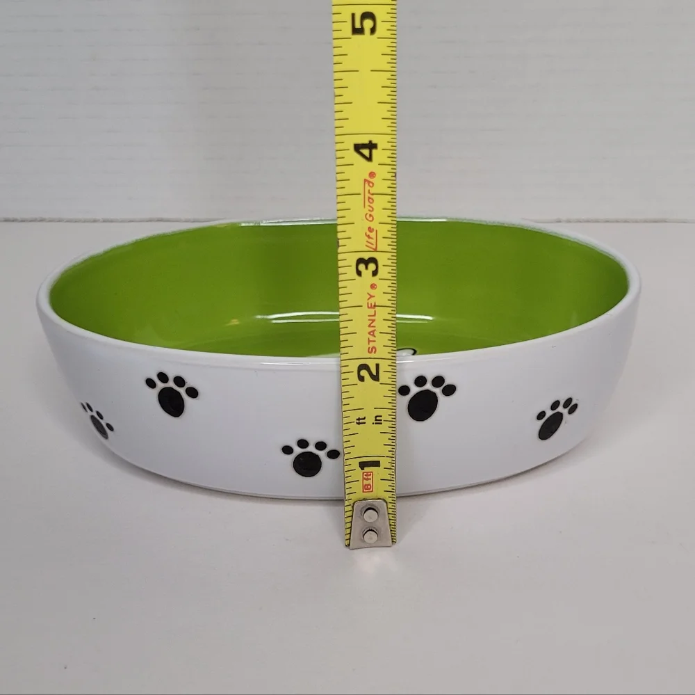 Green Oval Cat Bowl with Cartoon Cat Design and Paw Prints